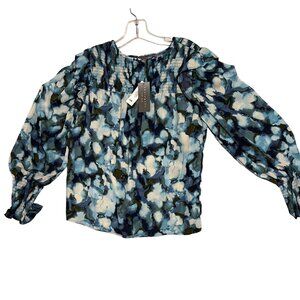 NWT Sharagano New York Women's Floral Long Sleeve Blouse Size S Blue/White